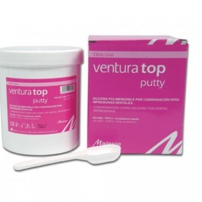 Embalagem de Ventura Top Putty com caixa rosa e branca e espátula branca.