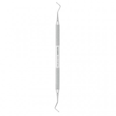 Ferramenta dentária de metal com pontas curvas e superfície texturizada.