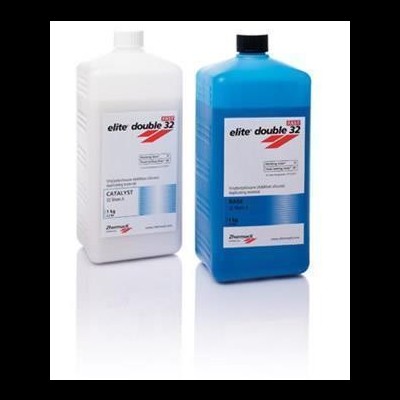 Dois frascos plásticos, branco e azul, com etiquetas do produto elite double 32.