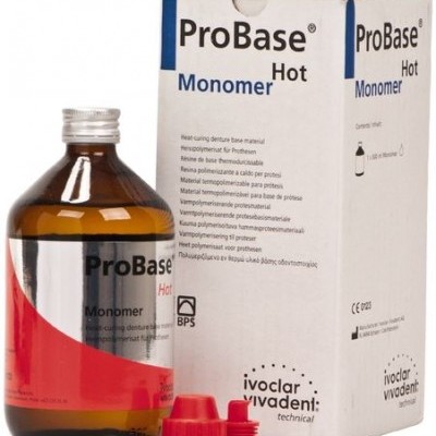Frasco de ProBase Hot Monomer em vidro castanho com embalagem branca e tampas vermelhas