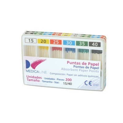 Caixa de pontas de papel absorventes Medicaline, embaladas e codificadas por cores.