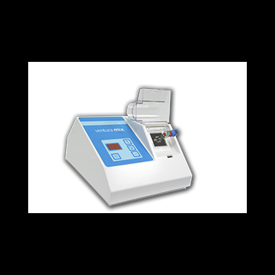 Dispositivo eletrónico branco com interface azul e tubo de ensaio inserido