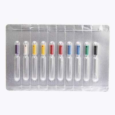 Embalagem com 10 ampolas de plástico transparentes com líquidos coloridos