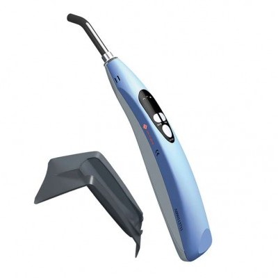 Caneta de luz azul clara com suporte cinzento em fundo branco