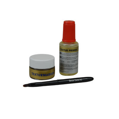 Small jar, liquid bottle, and brush labeled dental product