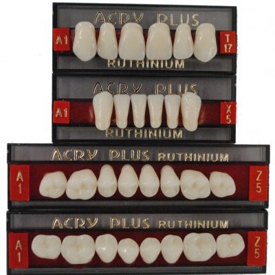 Conjunto de dentes artificiais em placas pretas com etiquetas vermelhas
