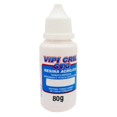 Frasco branco de resina acrílica VIPI CRIL STG de 80g com rótulo azul e branco