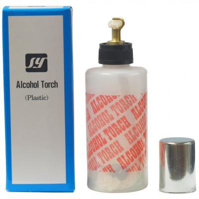 Frasco branco plástico com tampa prateada e embalagem azul e branca de Alcohol Torch