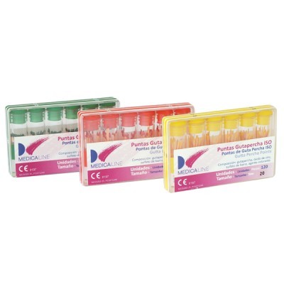 Três caixas de punções Guta-percha em plástico transparente com tampas verde, vermelho e amarelo