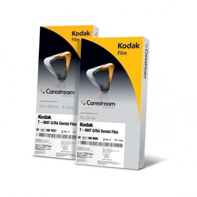 Dois pacotes de filme dentário Kodak T-MAT G/RA com design em cinza, preto e amarelo