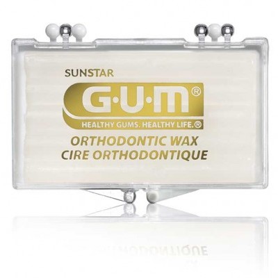 Embalagem transparente de cera ortodôntica SUNSTAR GUM com texto dourado