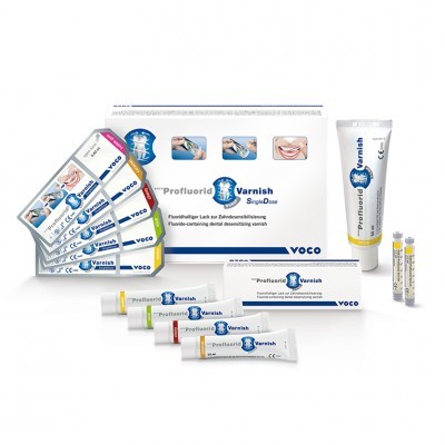 Kit Proflluorid Varnish SingleDose com ampolas e tubos dentários da VOCO