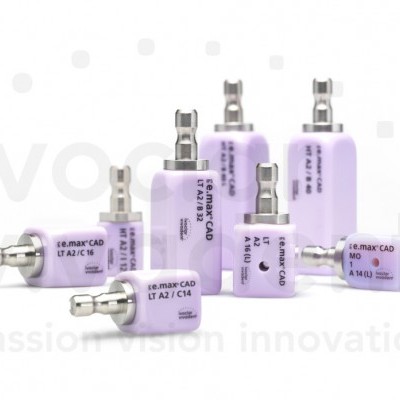 Seis blocos de cerâmica dentária e.max CAD lilás com conexão metálica prateada