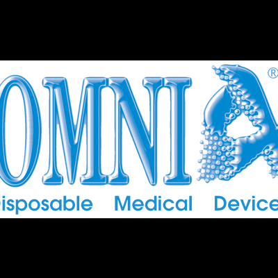 Logotipo azul da OMNIA com mão estilizada e texto 'Disposable Medical Devices'