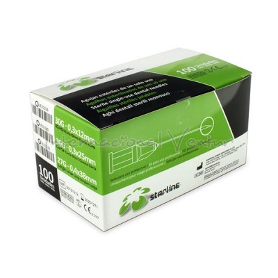 Caixa branca e verde de agulhas de insulina Starline com especificações de tamanho impressas