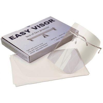Visor facial transparente Easy Visor com armação branca junto a embalagem e folhas plásticas