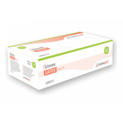 Caixa branca de luvas látex tamanho M com texto e detalhes em verde e laranja.