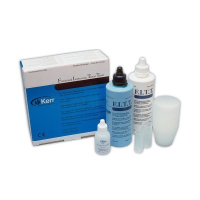 Conjunto de produtos dentários da marca Kerr com frascos e caixa