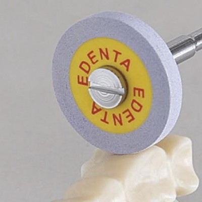 Disco de corte polimento cinzento e amarelo com texto EDENTA e modelo dental creme