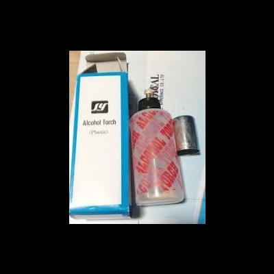 Maçarico de álcool plástico com caixa azul e branca e tampa metálica