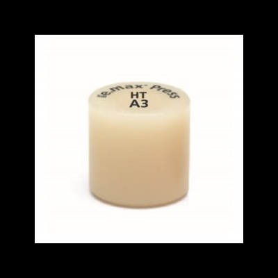 Produto cilíndrico bege com texto e.max Press HT A3 no topo