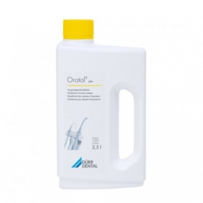 Frasco branco de plástico com tampa amarela e etiqueta de Orotol plus