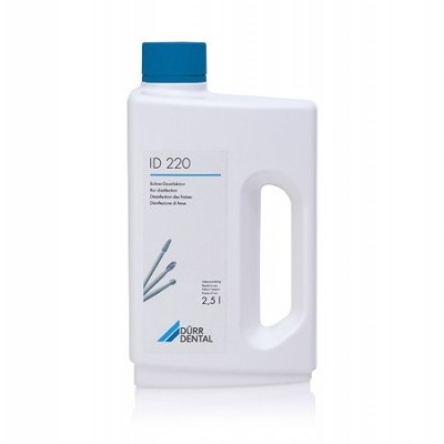 Frasco plástico branco com tampa azul e rótulo de produto dental