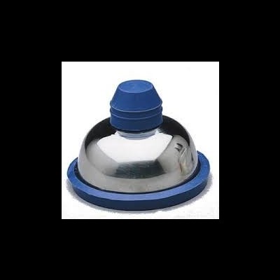 Ferramenta de cozinha metálica e azul com base arredondada