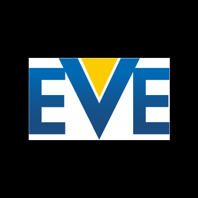 Logotipo com letras EVE em azul e forma triangular amarela no V