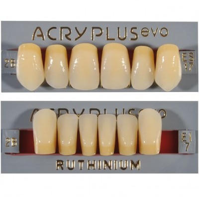 Conjunto de dentes artificiais para prótese dentária em resina com inscrições ACRYPLUSevo e RUTHINIUM