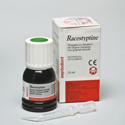 Frasco do produto Racestyptine da Septodont com embalagem e conta-gotas