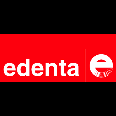 Logotipo branco da edenta sobre fundo vermelho com letra 'e' estilizada