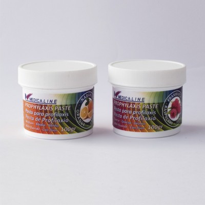 Dois frascos de pasta para profilaxia dentária Medica Line, sabores laranja e figo, 100g.