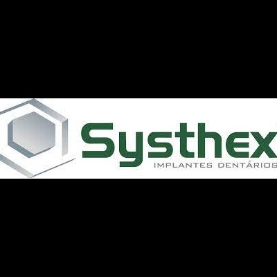 Logotipo Systhex Implantes Dentários com símbolo hexagonal cinzento em fundo branco