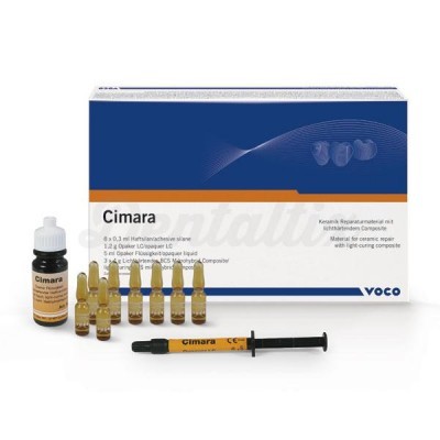 Conjunto de produtos Cimara para cerâmica dentária com caixa, frasco, ampolas e seringa