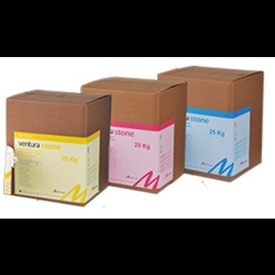 Três caixas de cartão castanhas com etiquetas coloridas e texto VERBA stone 25 kg