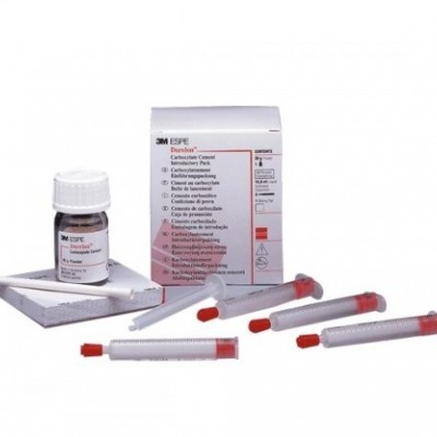 Material dentário 3M ESPE Duraflex com frasco, caixas e seringas sobre fundo branco