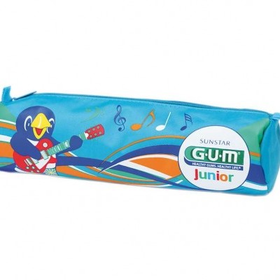 Estojo escolar azul com pássaro e etiquetas