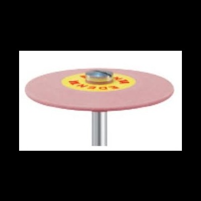 Disco abrasivo rosa com etiqueta amarela e texto vermelho