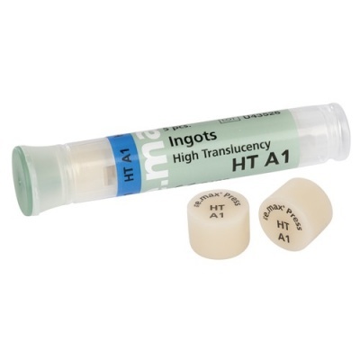 Lingotes cerâmicos dentários e embalagem tubular transparente com rótulo verde e azul