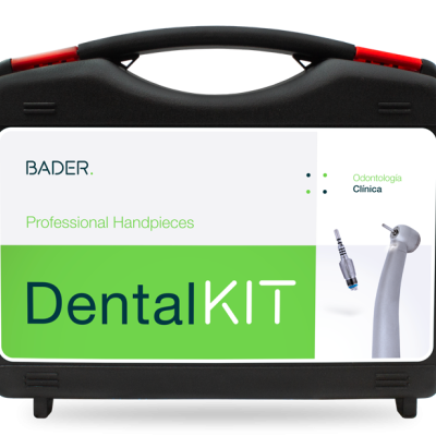 Mala preta com rótulo branco e verde de kit dental profissional BADER