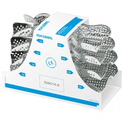 Conjunto de moldes dentários metálicos em suporte branco com texto azul