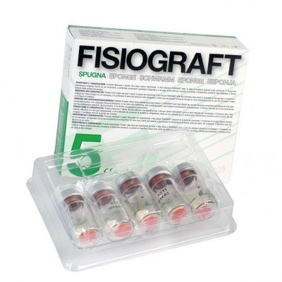 Embalagem branca FISIOGRAFT com cinco frascos de vidro em suporte plástico