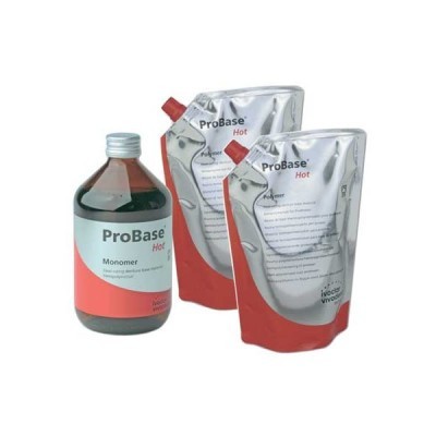 Produtos ProBase Hot Monomer em garrafa de vidro e duas embalagens flexíveis prateadas com texto