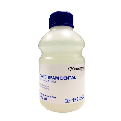 Frasco branco com tampa azul de fixador dental CARESTREAM