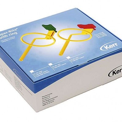 Caixa do produto Super-Bite with ring da Kerr com design azul e branco e imagens dos anéis amarelos