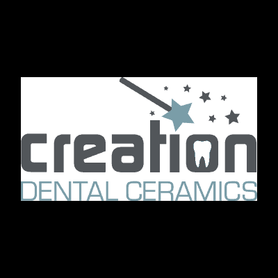 Logótipo da empresa Creation Dental Ceramics com dente estilizado e varinha mágica