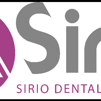 Logótipo Sirio Dental Division com triângulo roxo e texto cinzento e roxo