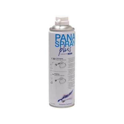 Lata branca de spray PANA SPRAY plus com texto azul e branco e instruções de uso visíveis