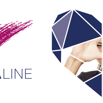 Logotipo MEDICALINE com traço e coração estilizado contendo mulher fazendo gesto de coração com as mãos